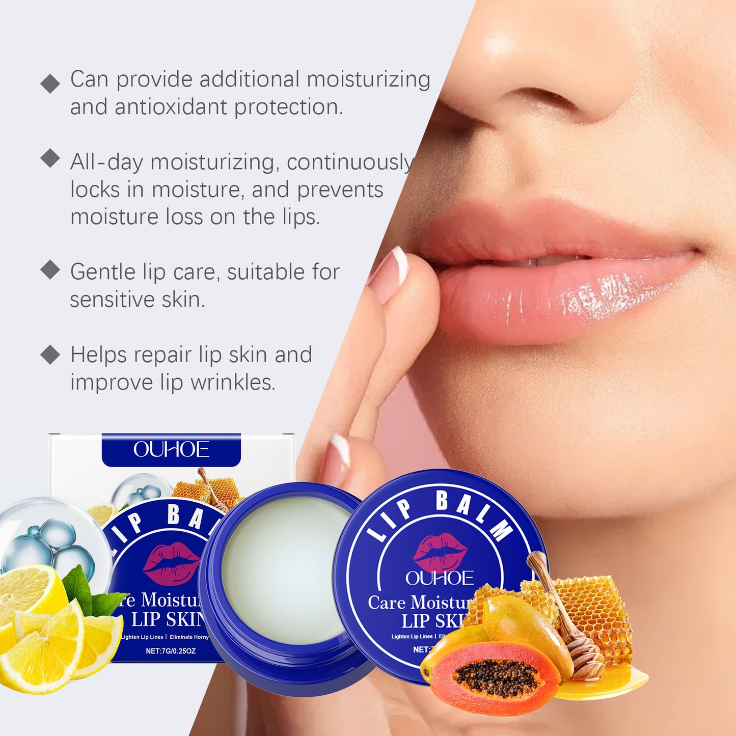 OUHOE Lip Enhancing Balm - Visibly Smooths & Brightens Lips, Intense Moisture with Papaya & Lemon Extract