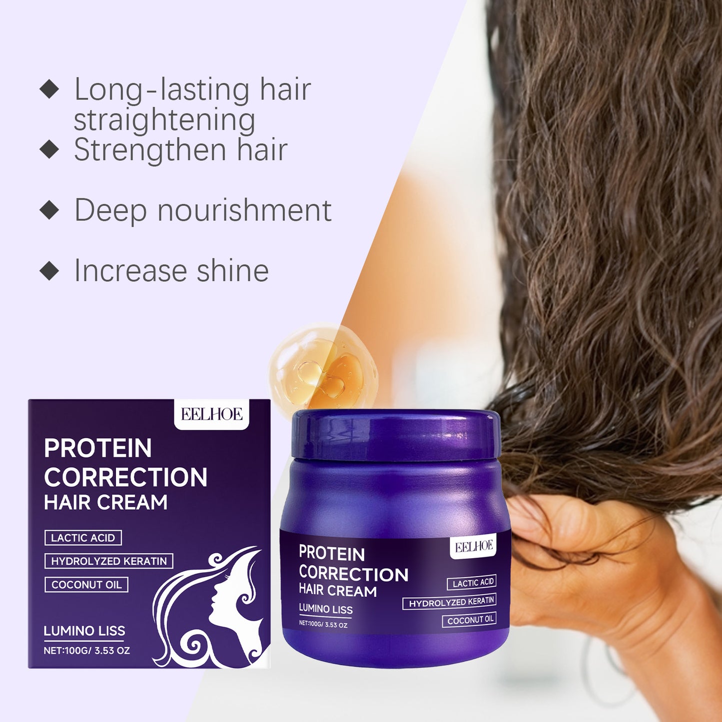 EELHOE Keratin Smoothing Styling Cream - Frizz Control, Heat Protectant, Adds Shine & Softness, for All Hair Types