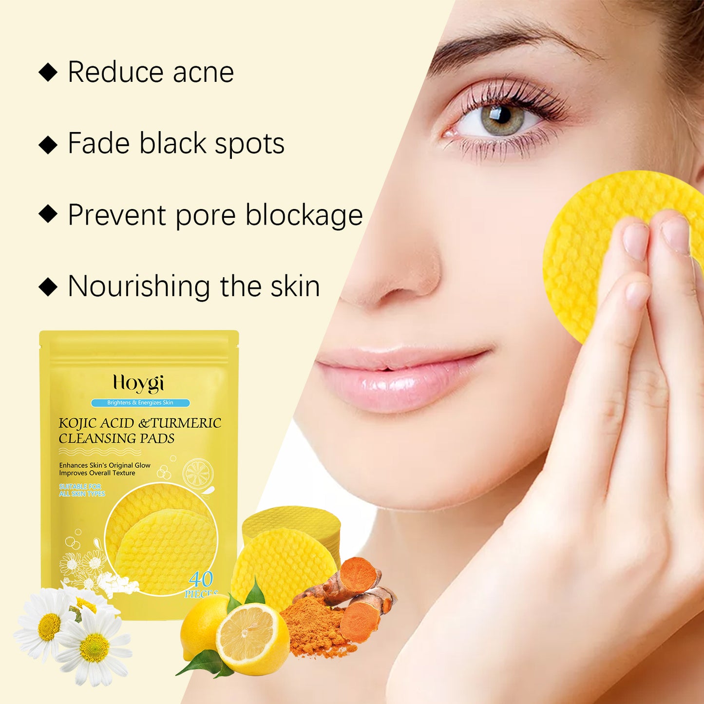 HOYGI Turmeric & Kojic Acid Cleansing Pads - Gentle Exfoliating Pads for Face, Brightening & Unclogging Pores, Dark Spot Treatment