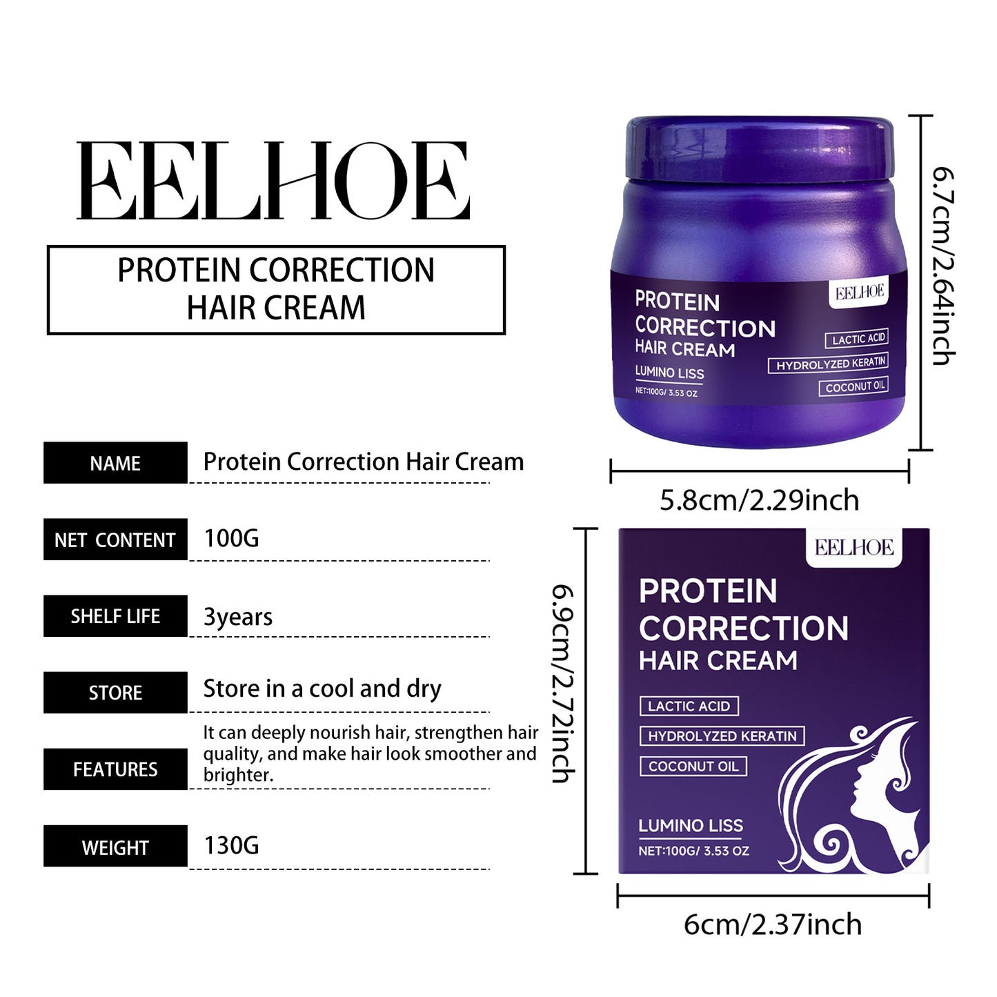 EELHOE Keratin Smoothing Styling Cream - Frizz Control, Heat Protectant, Adds Shine & Softness, for All Hair Types