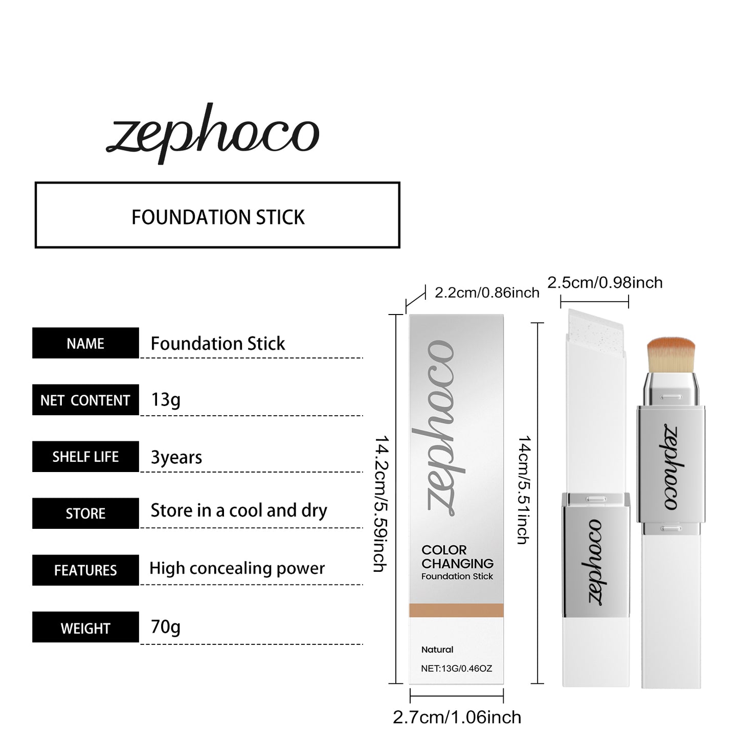 zephoco 2-in-1 Color Adjusting Foundation Stick - Lightweight, Natural Matte Finish, Buildable Coverage, Cruelty-Free