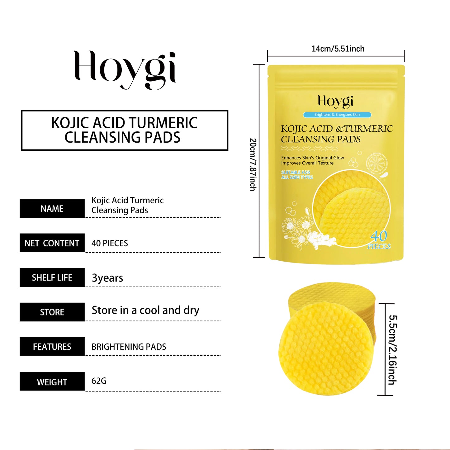 HOYGI Turmeric & Kojic Acid Cleansing Pads - Gentle Exfoliating Pads for Face, Brightening & Unclogging Pores, Dark Spot Treatment