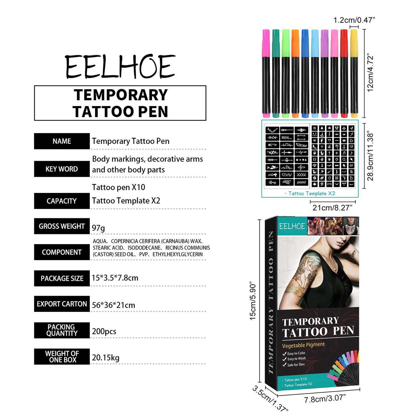 EELHOE 10-Color Washable Temporary Tattoo Pen Set