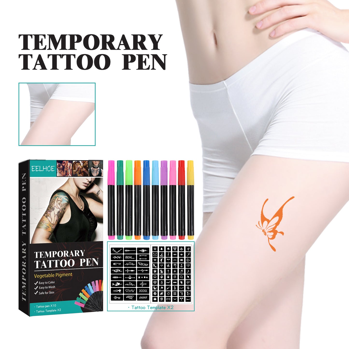 EELHOE 10-Color Washable Temporary Tattoo Pen Set