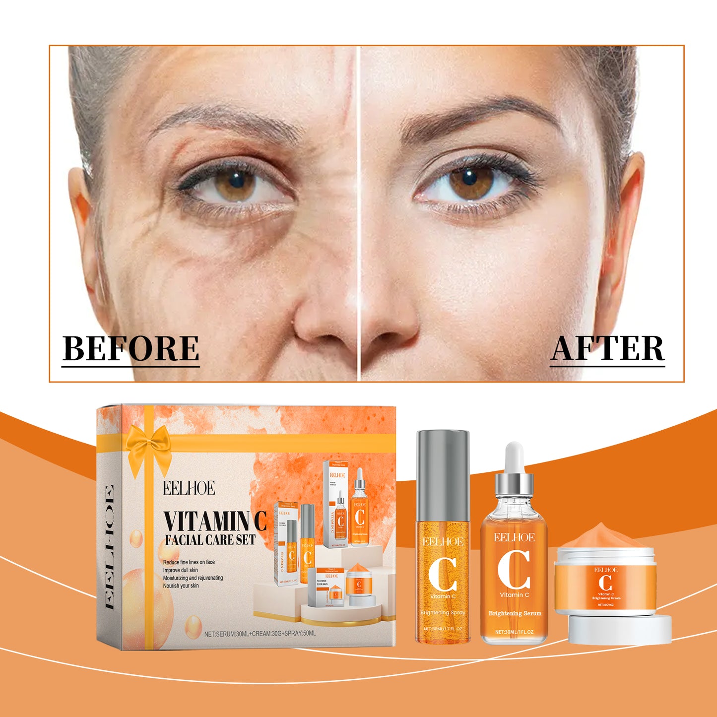 EELHOE Vitamin C Brightening Skincare Set - Face Serum, Cream & Mist for Hydrated, Glowing Skin | Dark Spot Treatment & Pore Refining Kit