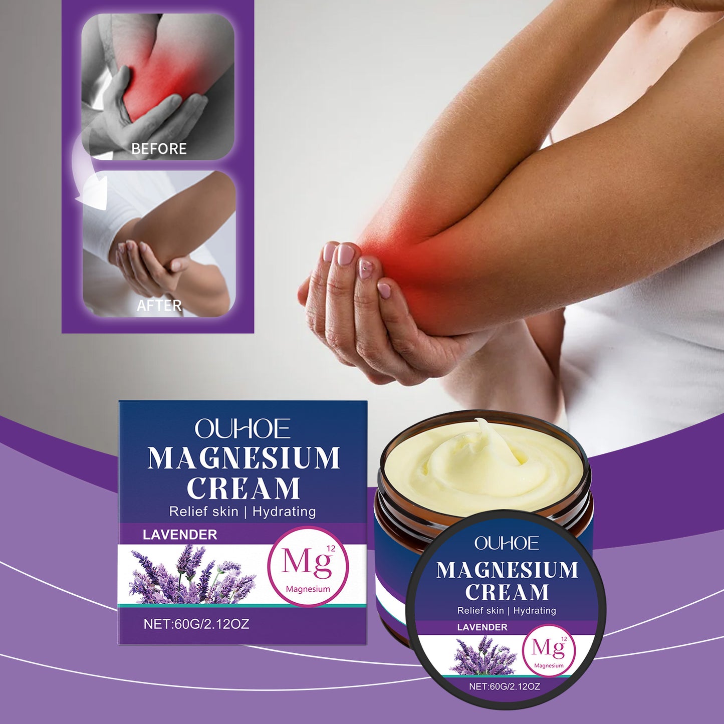 OUHOE Soothing Body Balm with Magnesium - Cooling Moisturizer for Massage, Relaxing Lavender Scent, Skin Hydration