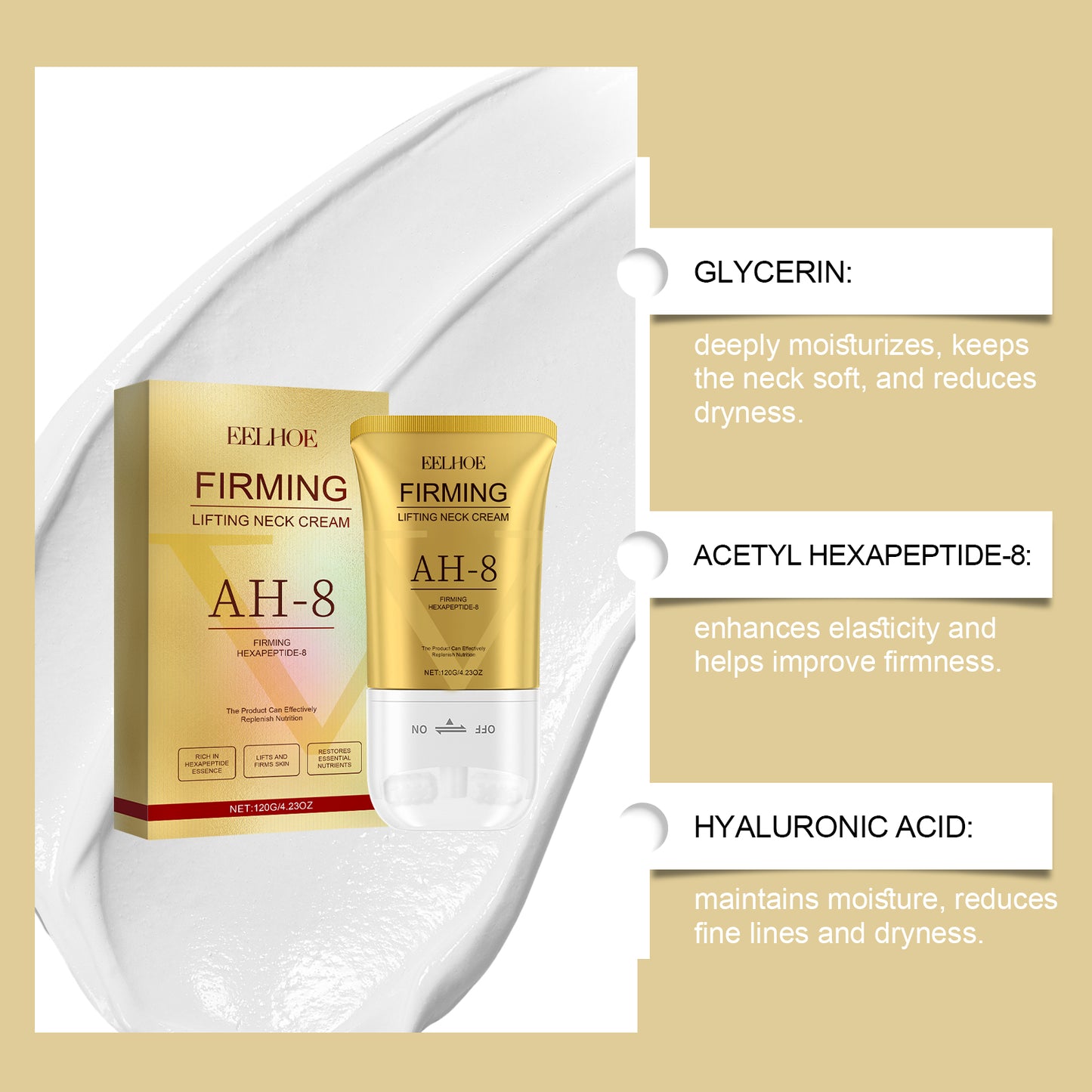 EELHOE Neck Firming Cream with Roller - Hydrating, Tightening & Smoothing Neck Care Treatment for Dehydrated Skin