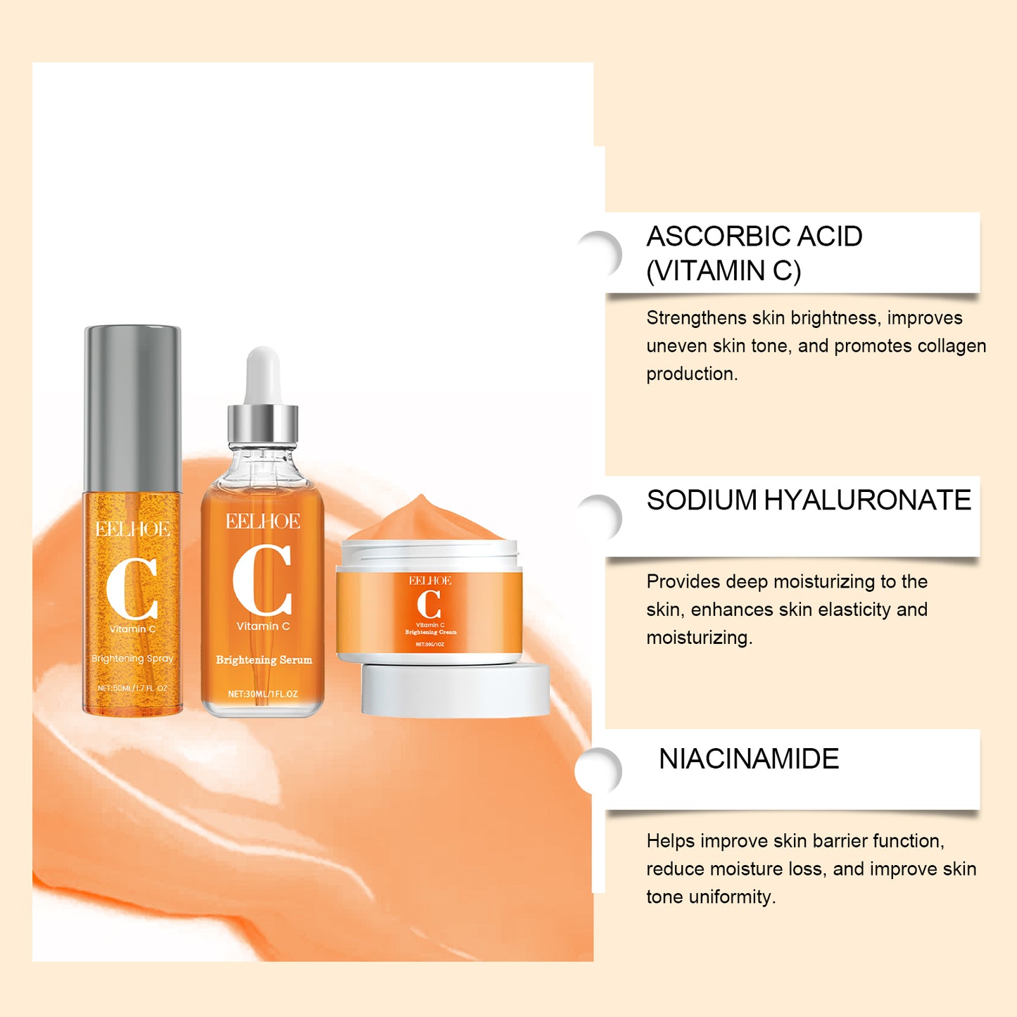EELHOE Vitamin C Brightening Skincare Set - Face Serum, Cream & Mist for Hydrated, Glowing Skin | Dark Spot Treatment & Pore Refining Kit