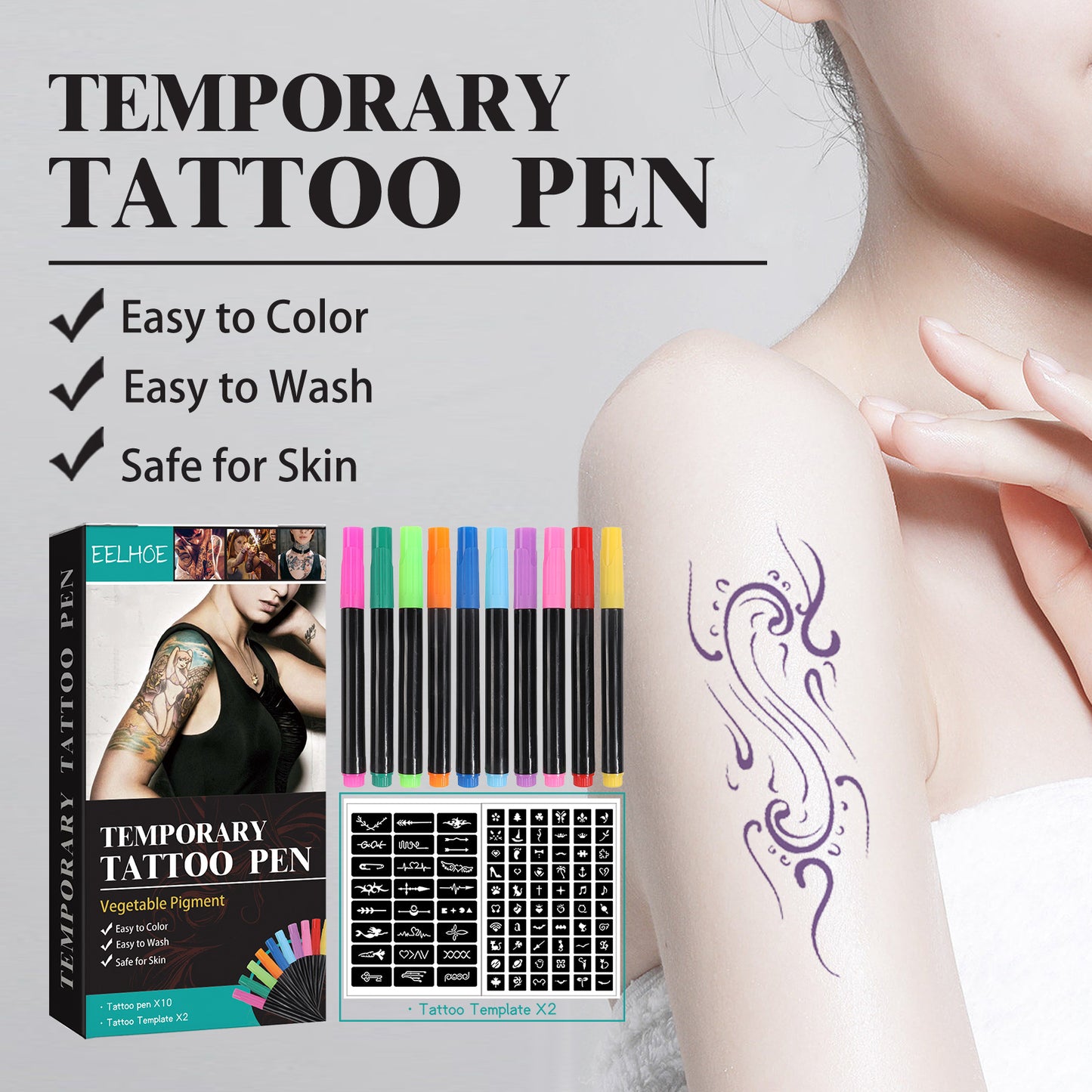 EELHOE 10-Color Washable Temporary Tattoo Pen Set