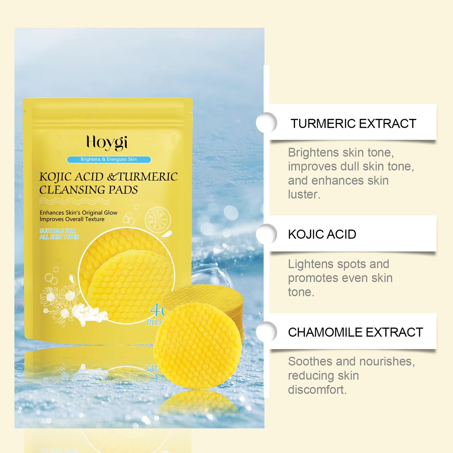 HOYGI Turmeric & Kojic Acid Cleansing Pads - Gentle Exfoliating Pads for Face, Brightening & Unclogging Pores, Dark Spot Treatment