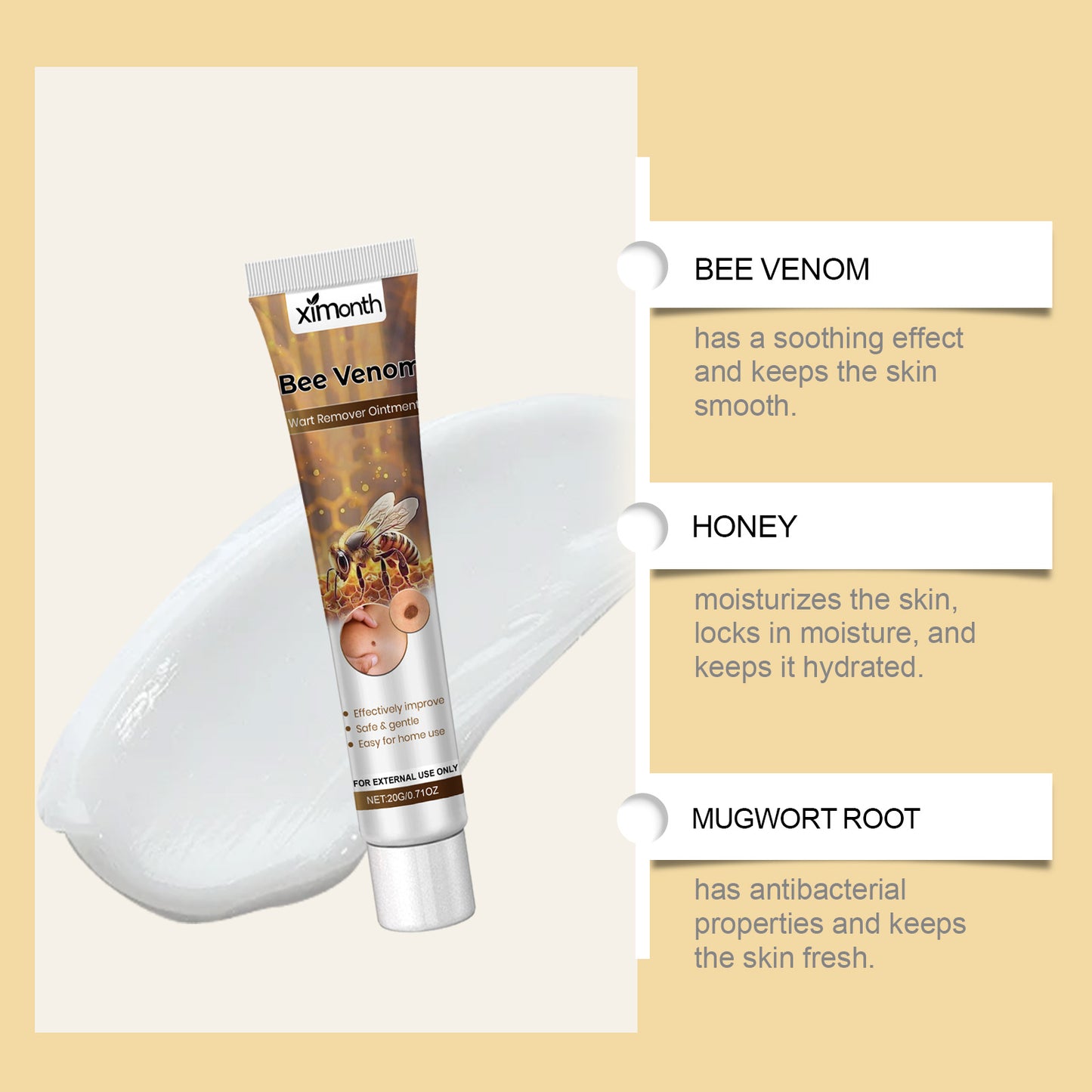 XIMONTH Bee Venom Wart Removal Cream - Natural Wart Treatment with Honey & Mugwort Root | Fast Acting, Skin-Friendly Formula