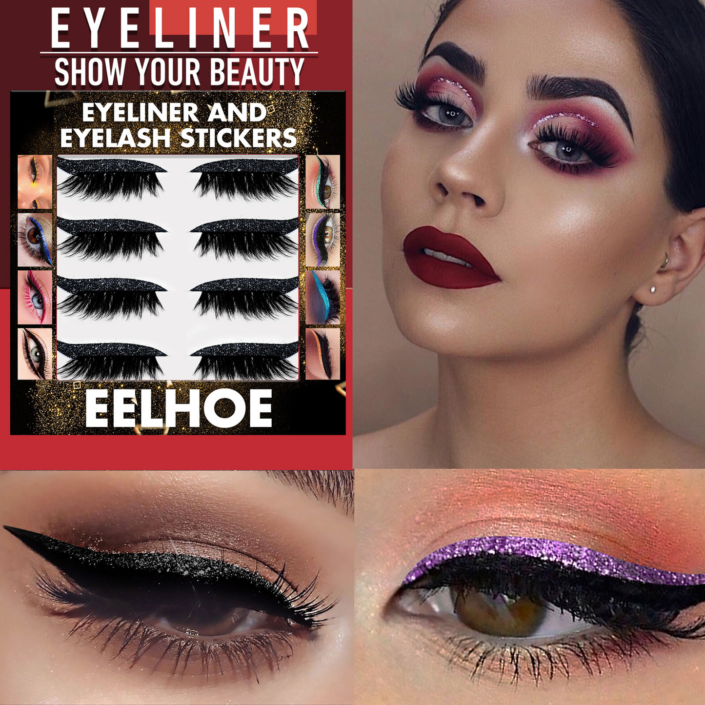 ELHOE 3D Glitter Seven-Color Eyeliner & False Eyelash Stickers - Self-Adhesive, No Glue Needed Eye Makeup Patches for Daily Wear