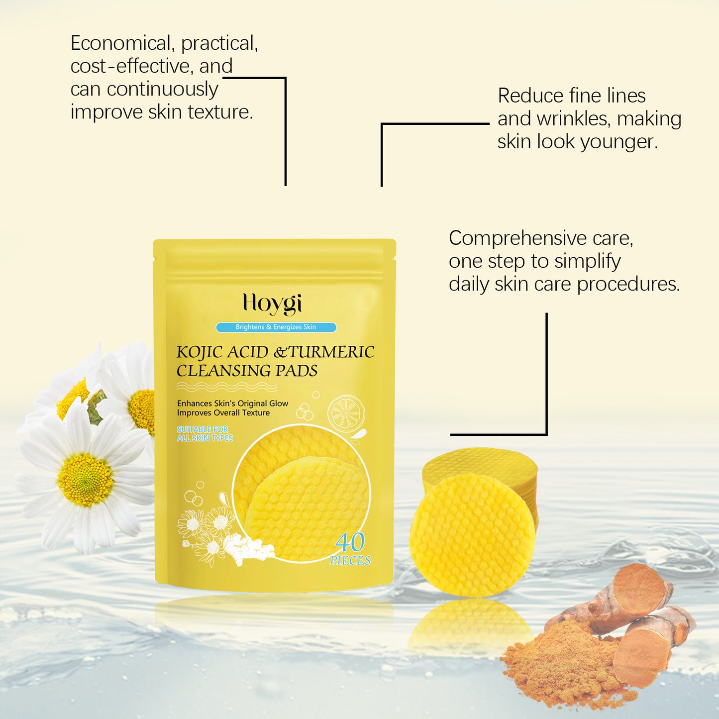 HOYGI Turmeric & Kojic Acid Cleansing Pads - Gentle Exfoliating Pads for Face, Brightening & Unclogging Pores, Dark Spot Treatment