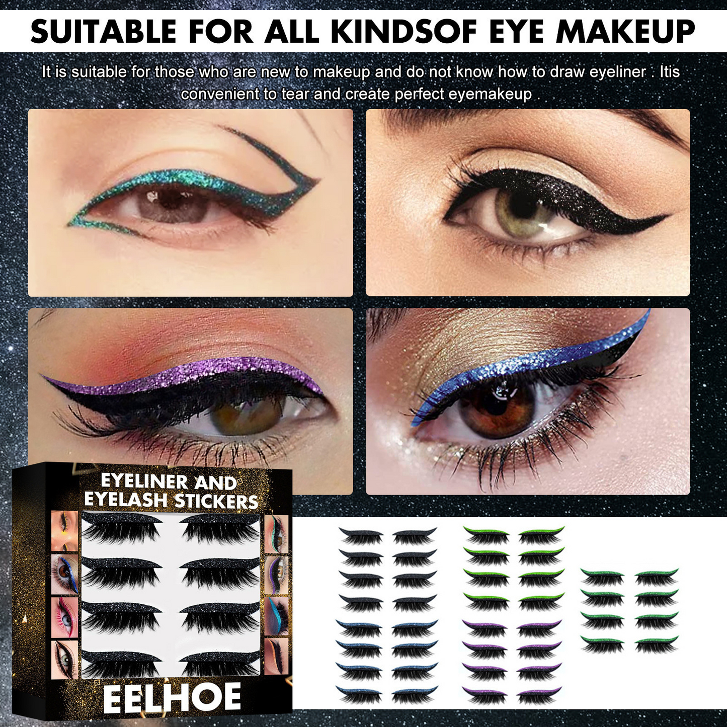 ELHOE 3D Glitter Seven-Color Eyeliner & False Eyelash Stickers - Self-Adhesive, No Glue Needed Eye Makeup Patches for Daily Wear