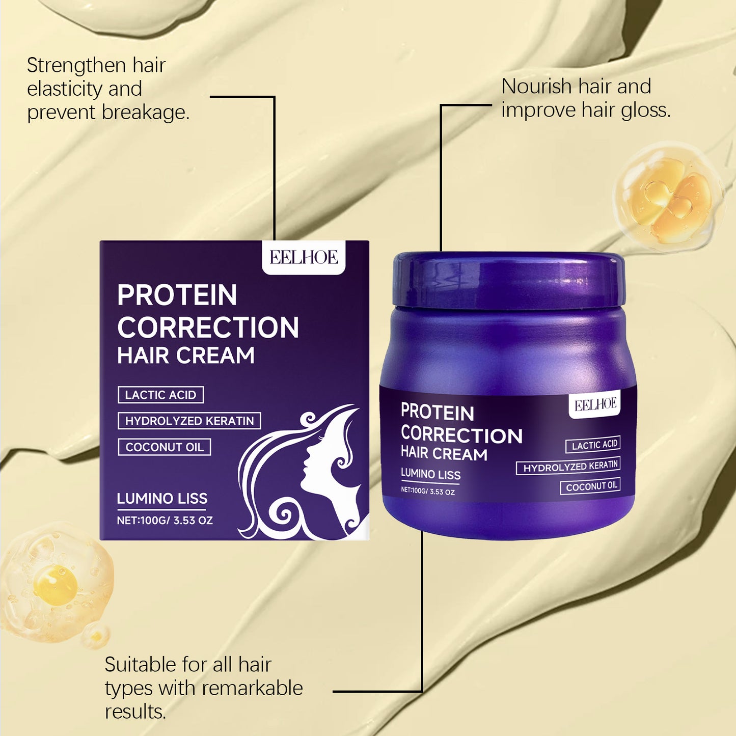 EELHOE Keratin Smoothing Styling Cream - Frizz Control, Heat Protectant, Adds Shine & Softness, for All Hair Types