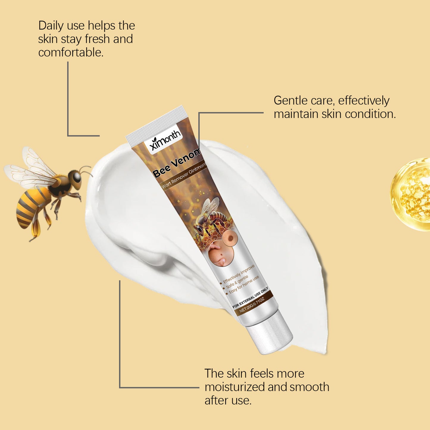 XIMONTH Bee Venom Wart Removal Cream - Natural Wart Treatment with Honey & Mugwort Root | Fast Acting, Skin-Friendly Formula