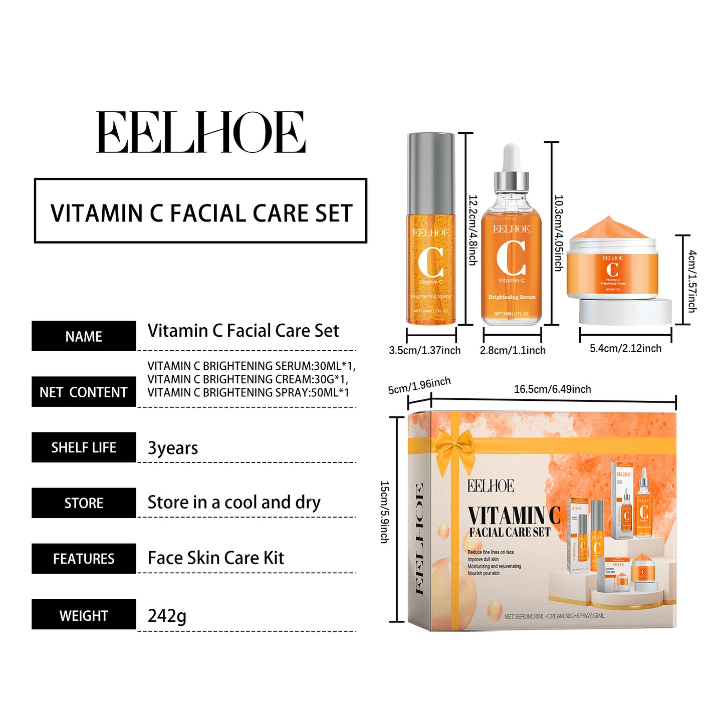 EELHOE Vitamin C Brightening Skincare Set - Face Serum, Cream & Mist for Hydrated, Glowing Skin | Dark Spot Treatment & Pore Refining Kit