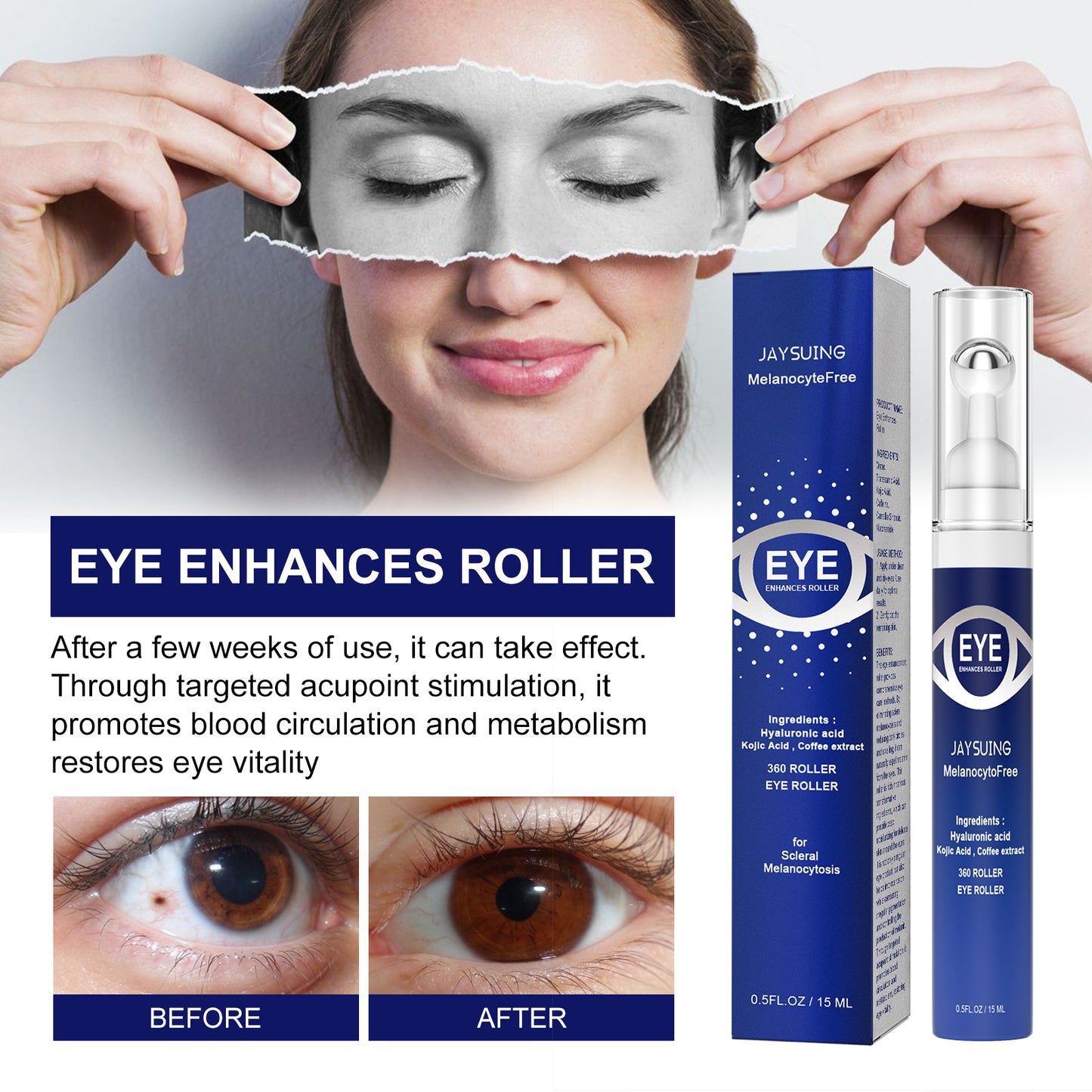 Jaysuing Cooling Eye Contour Roller - Depuffing & Brightening, with Caffeine & Hyaluronic Acid, Massage Tool for Under-Eye Area