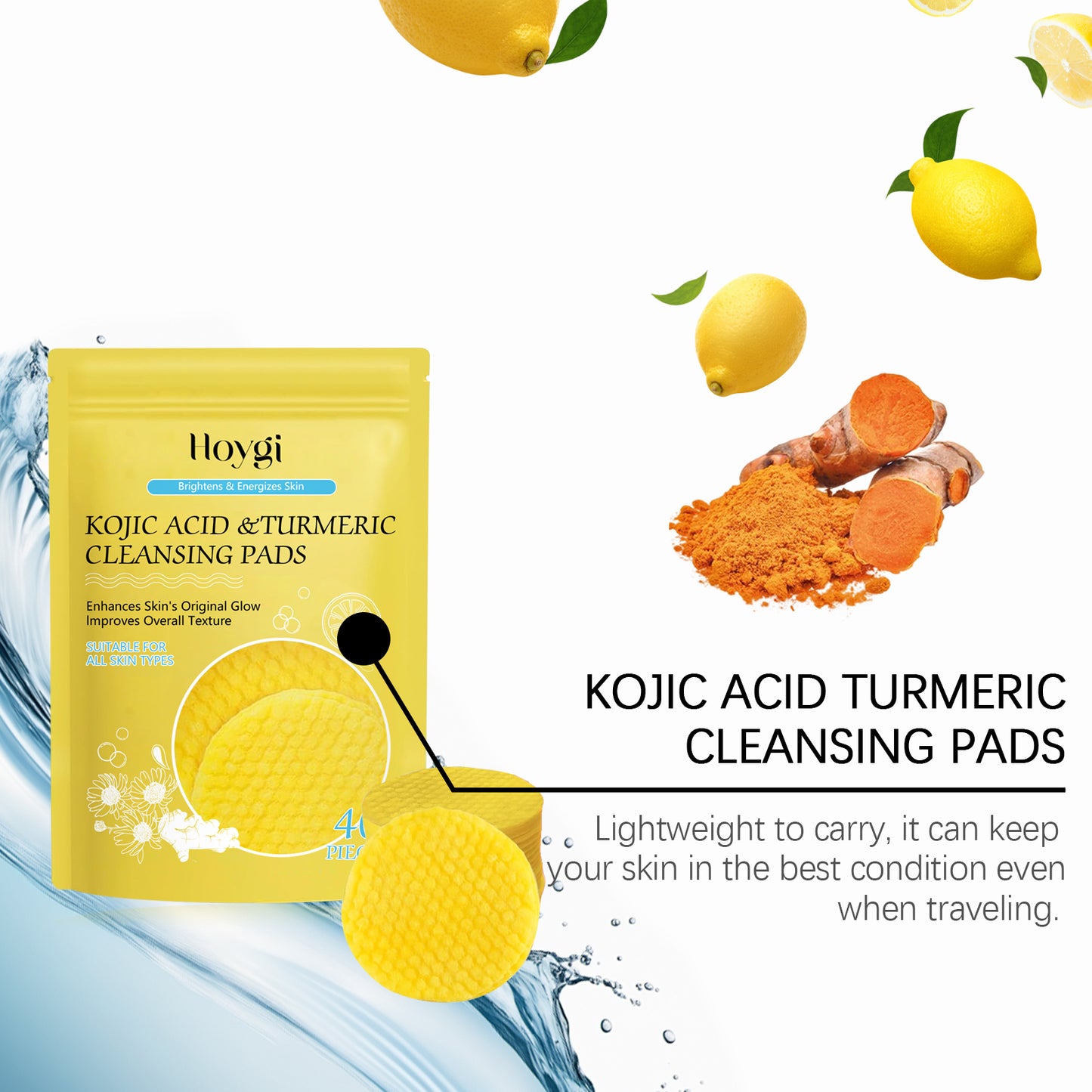 HOYGI Turmeric & Kojic Acid Cleansing Pads - Gentle Exfoliating Pads for Face, Brightening & Unclogging Pores, Dark Spot Treatment