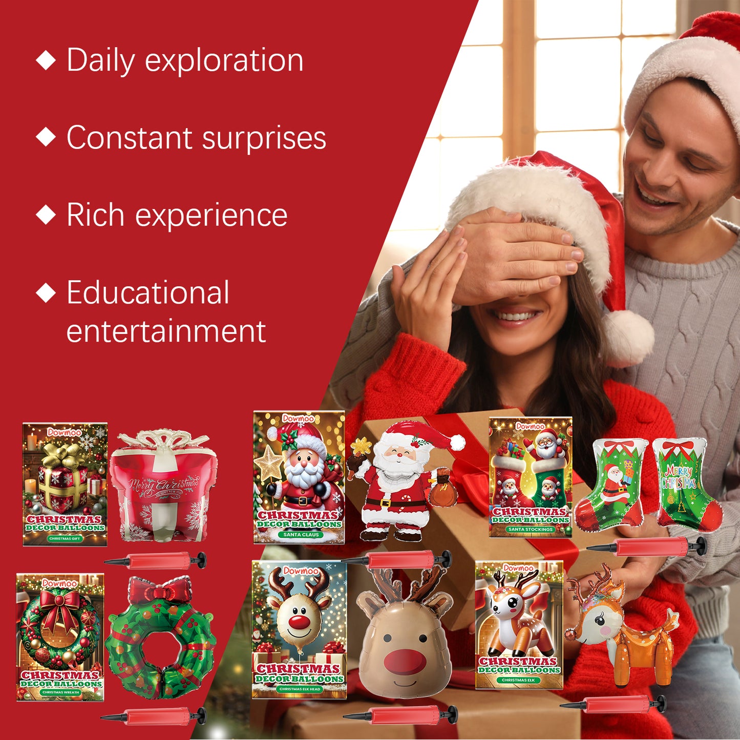 Downoo Christmas Balloons Set - Self-Sealing Santa, Reindeer, Tree Decorations for Party Supplies | Leak-Proof, Durable Nylon Foil for Indoor Outdoor Holiday Decor