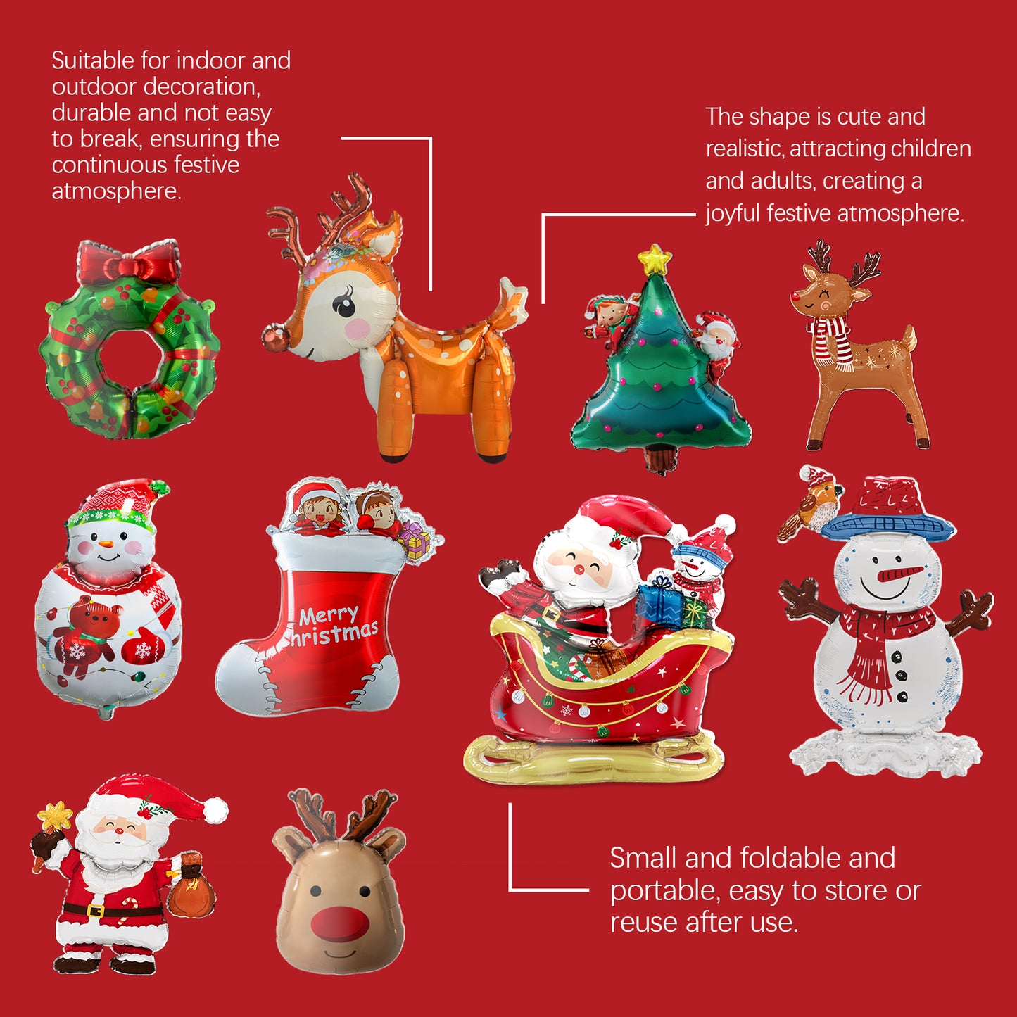 Downoo Christmas Balloons Set - Self-Sealing Santa, Reindeer, Tree Decorations for Party Supplies | Leak-Proof, Durable Nylon Foil for Indoor Outdoor Holiday Decor