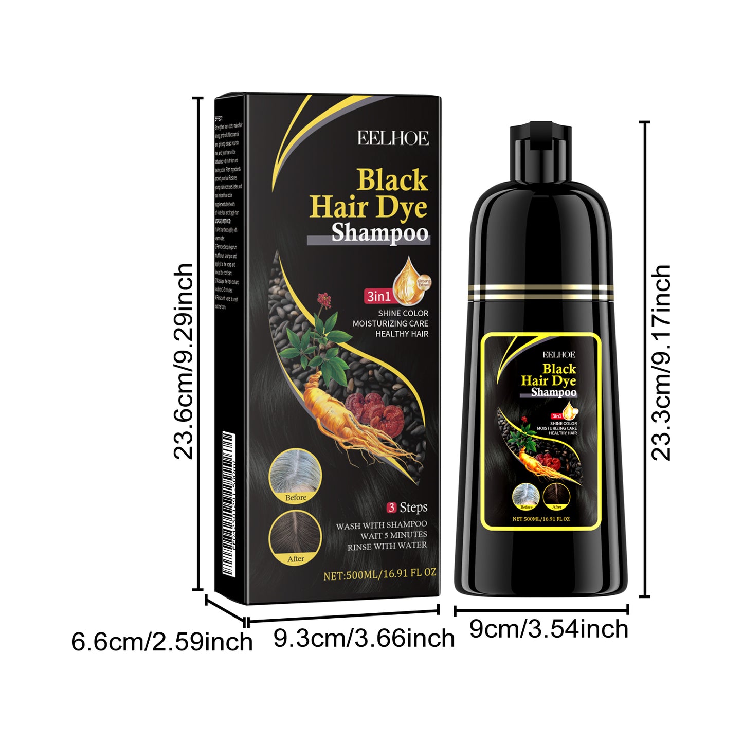 EELHOE Natural Plant-Based Gray Hair Covering Shampoo - Instant White Hair Coverage, Damage Repair with Fo-Ti, Ginseng & Reishi Extracts