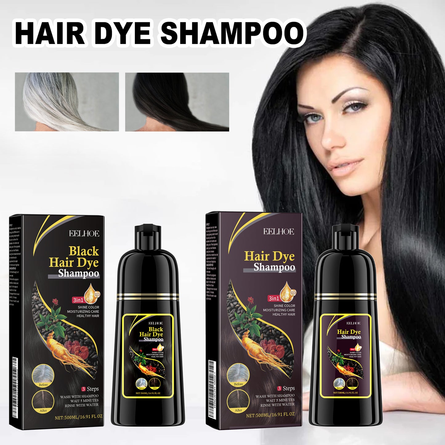 EELHOE Natural Plant-Based Gray Hair Covering Shampoo - Instant White Hair Coverage, Damage Repair with Fo-Ti, Ginseng & Reishi Extracts
