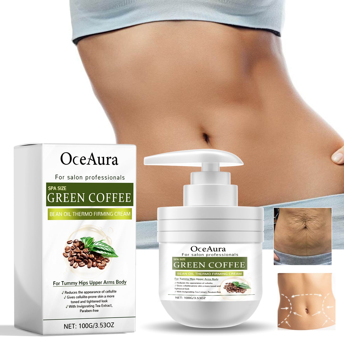 OceAura Green Coffee Bean Oil Firming Cream - Intensely Hydrating, Tightening & Smoothing Body Lotion for Soft, Supple Skin