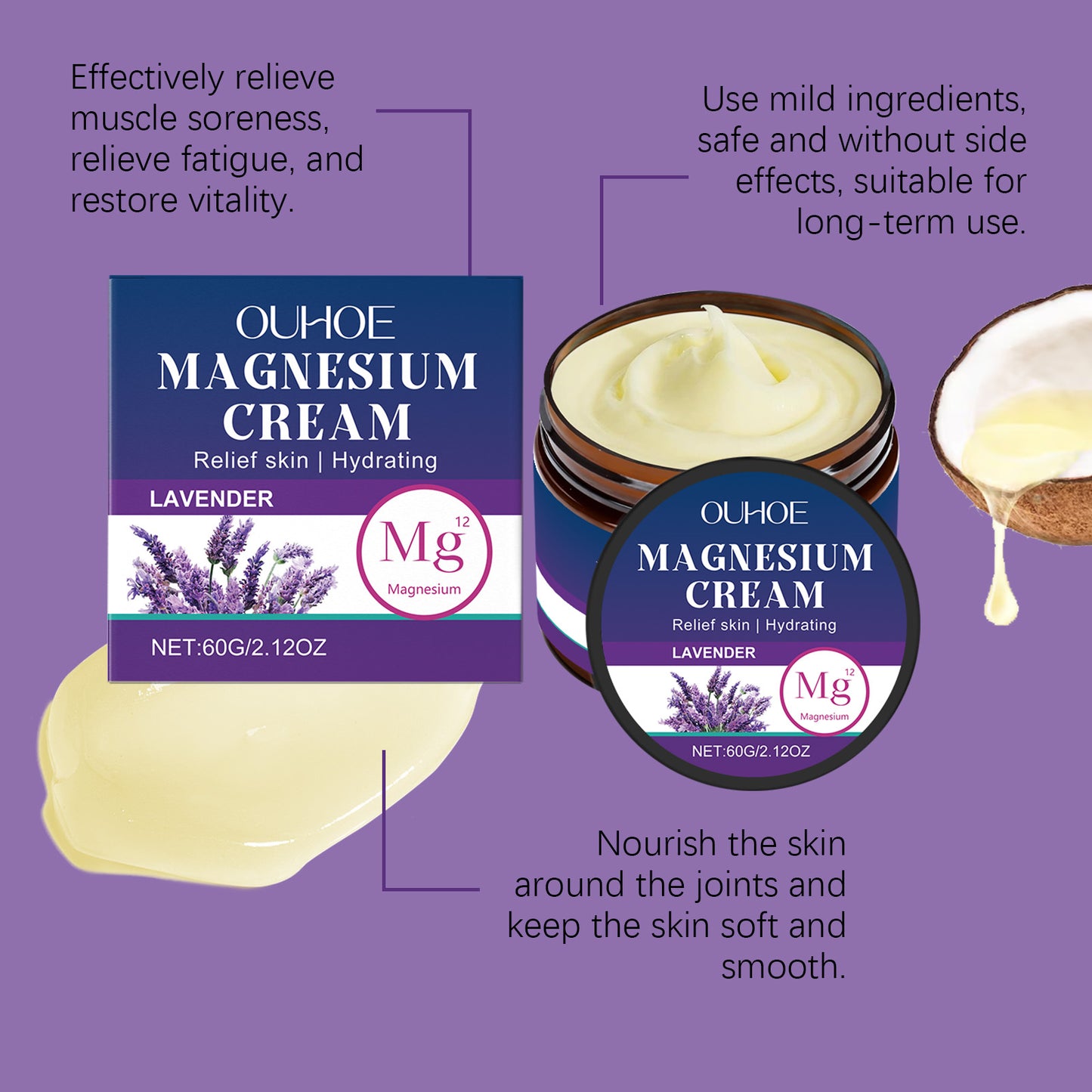 OUHOE Soothing Body Balm with Magnesium - Cooling Moisturizer for Massage, Relaxing Lavender Scent, Skin Hydration