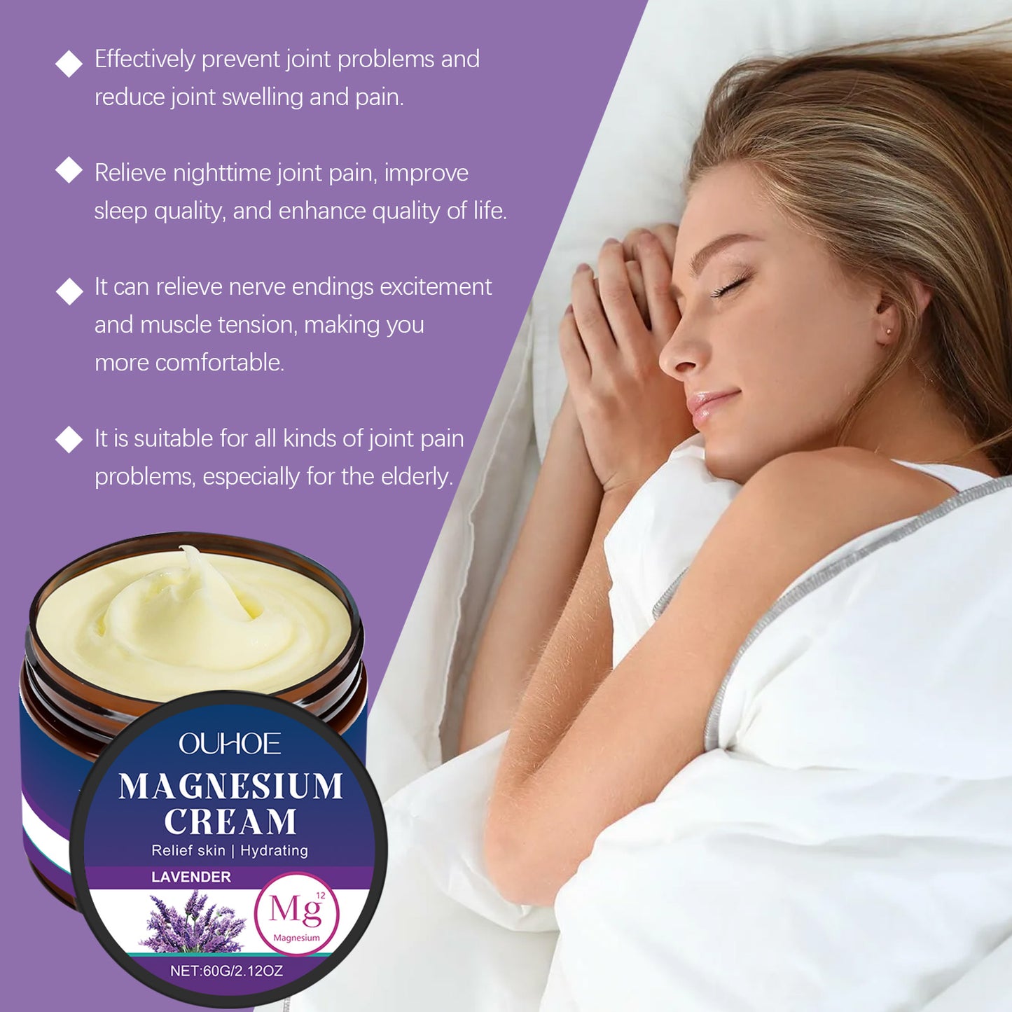 OUHOE Soothing Body Balm with Magnesium - Cooling Moisturizer for Massage, Relaxing Lavender Scent, Skin Hydration