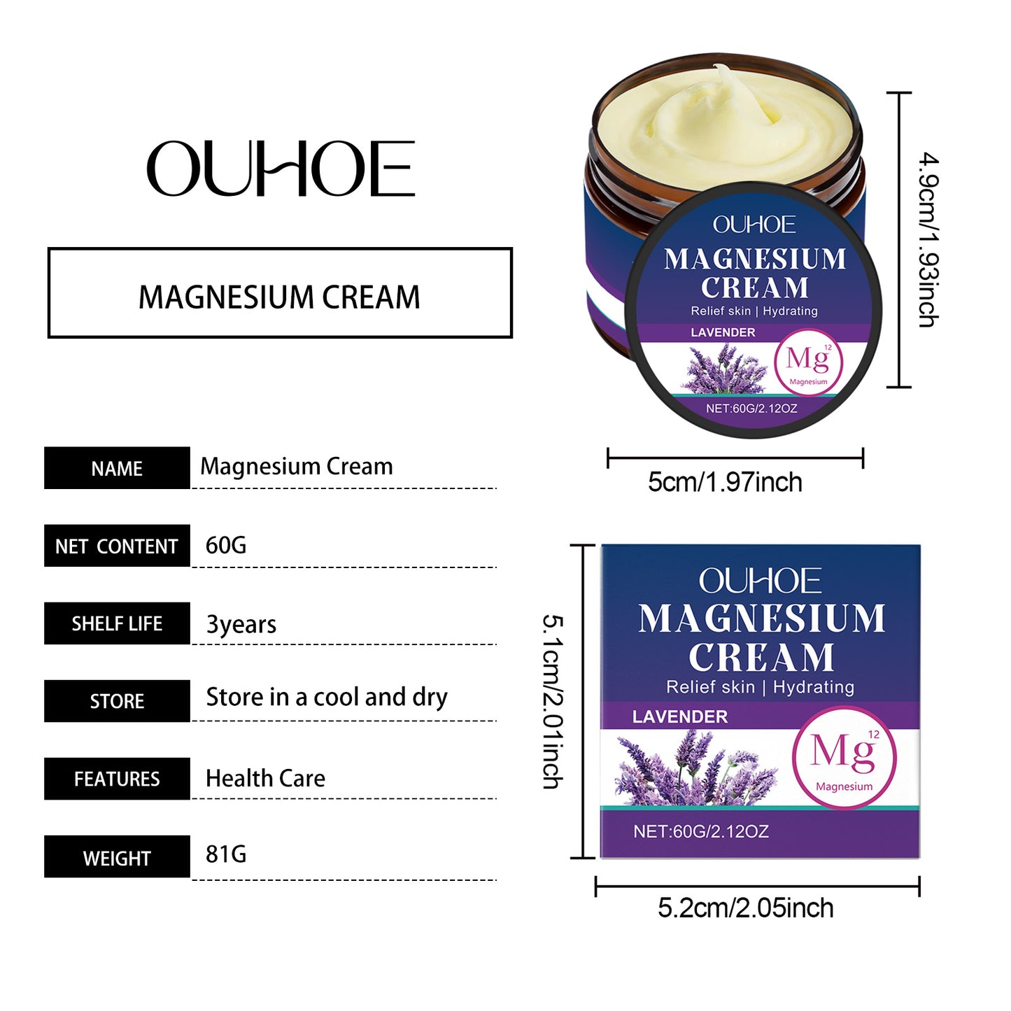OUHOE Soothing Body Balm with Magnesium - Cooling Moisturizer for Massage, Relaxing Lavender Scent, Skin Hydration