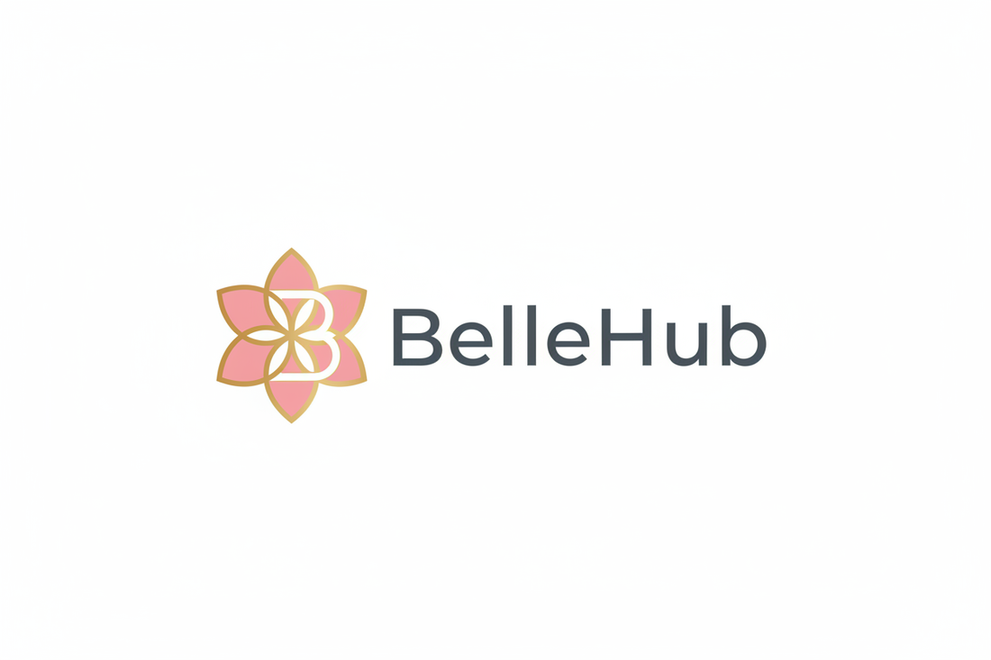 商标设计需求说明书：

品牌信息：
- 品牌名称：BelleHub
- 行业：美妆跨境电商
- 产品：化妆品、护肤品、个人护理
- 市场：美国消费者
- 定位：高品质、亲民价格、全球化选品

设计规格：
1. 格式：矢量格式，白色背景
2. 包含：图形标志 + 完整品牌名称
3. 风格：现代简约、优雅专业
4. 颜色方案：
   - 主色：柔和的粉色系 (#FF6B9D 或类似)
   - 辅色：金色/香槟色 (#FFD166)
   - 文字色：深灰色 (#4A4A4A)

设计元素要求：
- 体现"美丽集合地"的概念
- 传达信任感和专业性
- 适合线上和线下使用
- 易于缩放，小尺寸清晰可辨

输出要求：
- 完整版商标（图形+文字）
- 简化版图标（仅图形）
- 横版和竖版两种布局
- 单色版本（黑白）