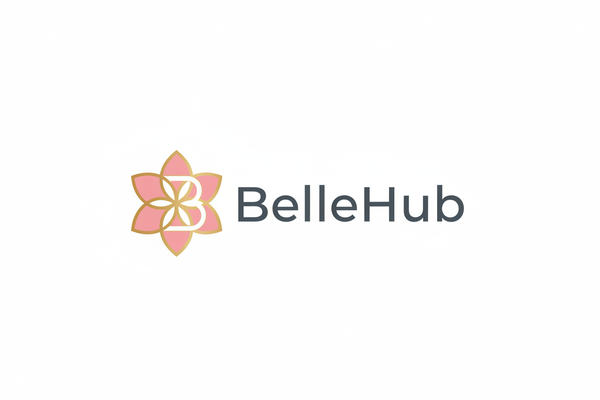 商标设计需求说明书：

品牌信息：
- 品牌名称：BelleHub
- 行业：美妆跨境电商
- 产品：化妆品、护肤品、个人护理
- 市场：美国消费者
- 定位：高品质、亲民价格、全球化选品

设计规格：
1. 格式：矢量格式，白色背景
2. 包含：图形标志 + 完整品牌名称
3. 风格：现代简约、优雅专业
4. 颜色方案：
   - 主色：柔和的粉色系 (#FF6B9D 或类似)
   - 辅色：金色/香槟色 (#FFD166)
   - 文字色：深灰色 (#4A4A4A)

设计元素要求：
- 体现"美丽集合地"的概念
- 传达信任感和专业性
- 适合线上和线下使用
- 易于缩放，小尺寸清晰可辨

输出要求：
- 完整版商标（图形+文字）
- 简化版图标（仅图形）
- 横版和竖版两种布局
- 单色版本（黑白）